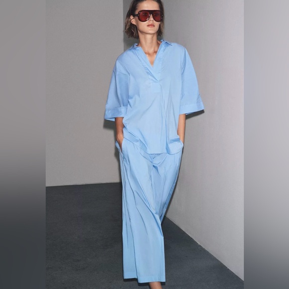 ZARA BLUE OVERSIZE SHIRT & POPLIN PLEATED PANTS SET SIZE S